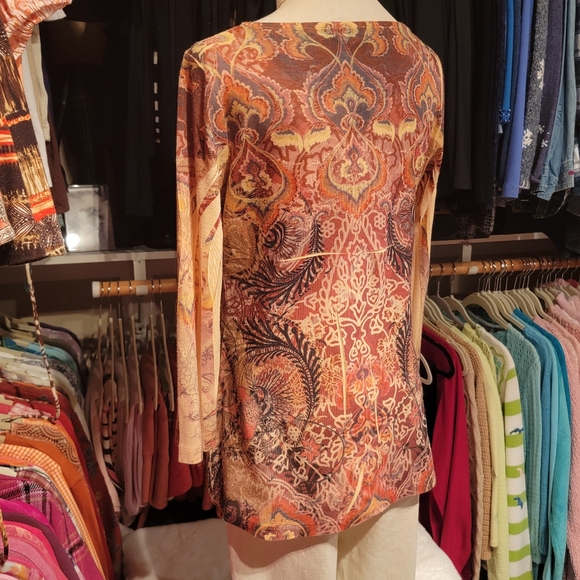 ONEWORLD ♡ Gorgeous Orange|Redish|Black|Tan Graphic Embellished Babydoll Top PL - Picture 13 of 17